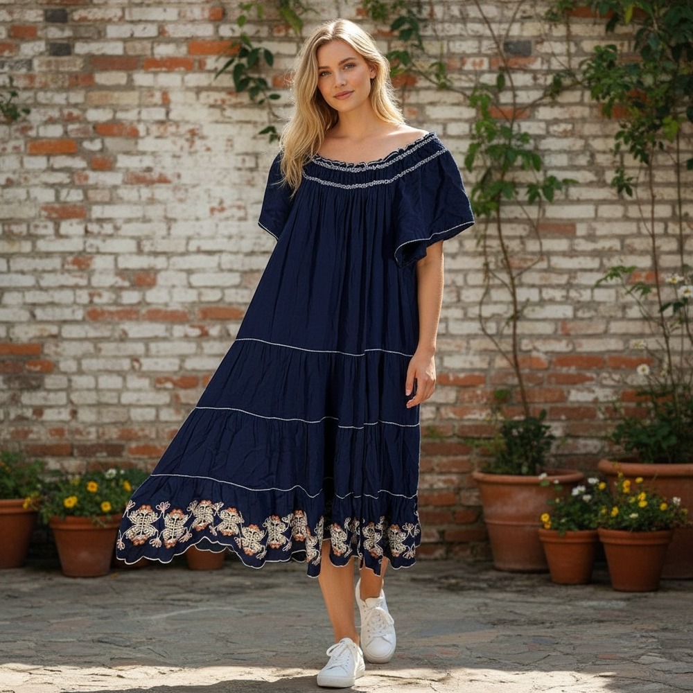 Max Studio Off Shoulder Dress Womens Large Navy Blue NWT Embroidered Boho Tiered
